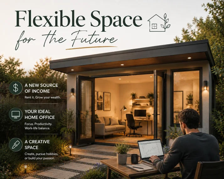 Backyard studio with folding glass doors open onto a lit garden patio