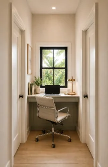 Built-in home office nook with a garden window inside an ADU