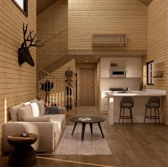 Open living area and kitchen with a sleeping loft above